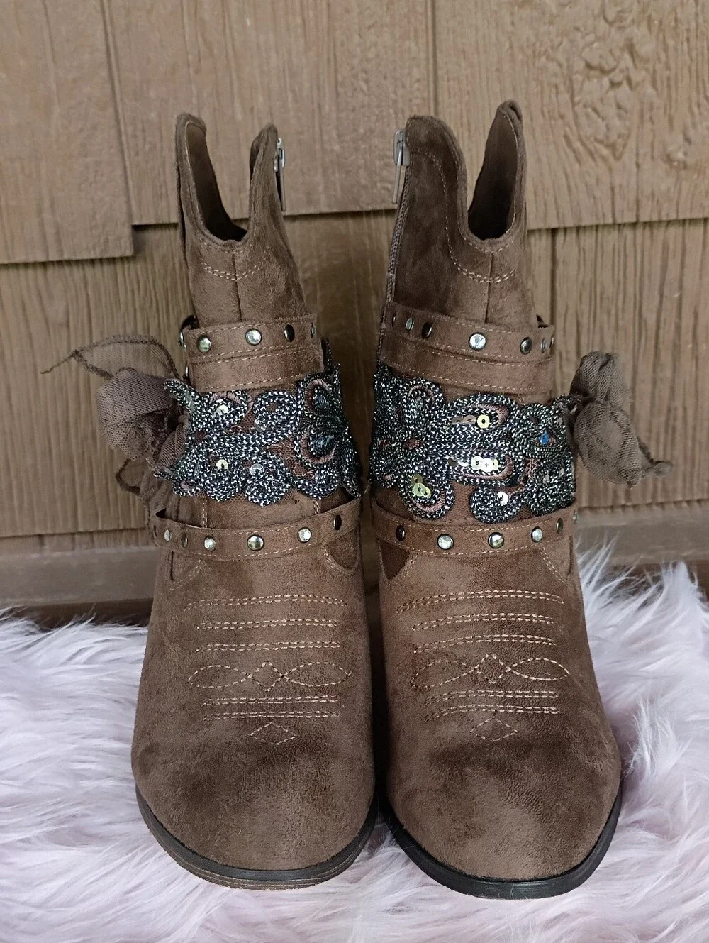 Not Rated Brown Western Studded Sequin Mesh Bow Belt Buckle Ankle Boots Booties